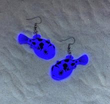 Load image into Gallery viewer, Earrings - Pea Puffer - Blacklight Reactive Acrylic Variables with Black Paint