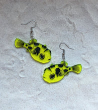 Load image into Gallery viewer, Earrings - Pea Puffer - Blacklight Reactive Acrylic Variables with Black Paint