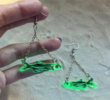 Load image into Gallery viewer, Earrings - Zebra Danio - Blacklight Reactive Acrylic Variables with Black Paint
