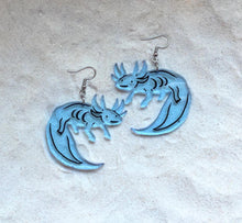 Load image into Gallery viewer, Earrings - Axolotl - Blacklight Reactive Acrylic Variables with Black Paint