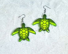 Load image into Gallery viewer, Earrings - Sea Turtle - Blacklight Reactive Acrylic Variables with Black Paint
