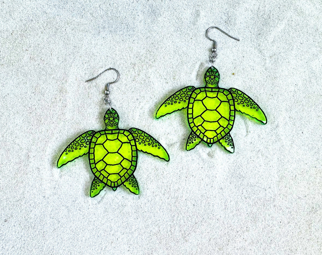 Earrings - Sea Turtle - Blacklight Reactive Acrylic Variables with Black Paint