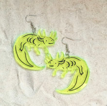 Load image into Gallery viewer, Earrings - Axolotl - Blacklight Reactive Acrylic Variables with Black Paint
