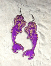 Load image into Gallery viewer, Earrings - Dazzled Heart Mermaid - Economy Acrylics with Gold Paint
