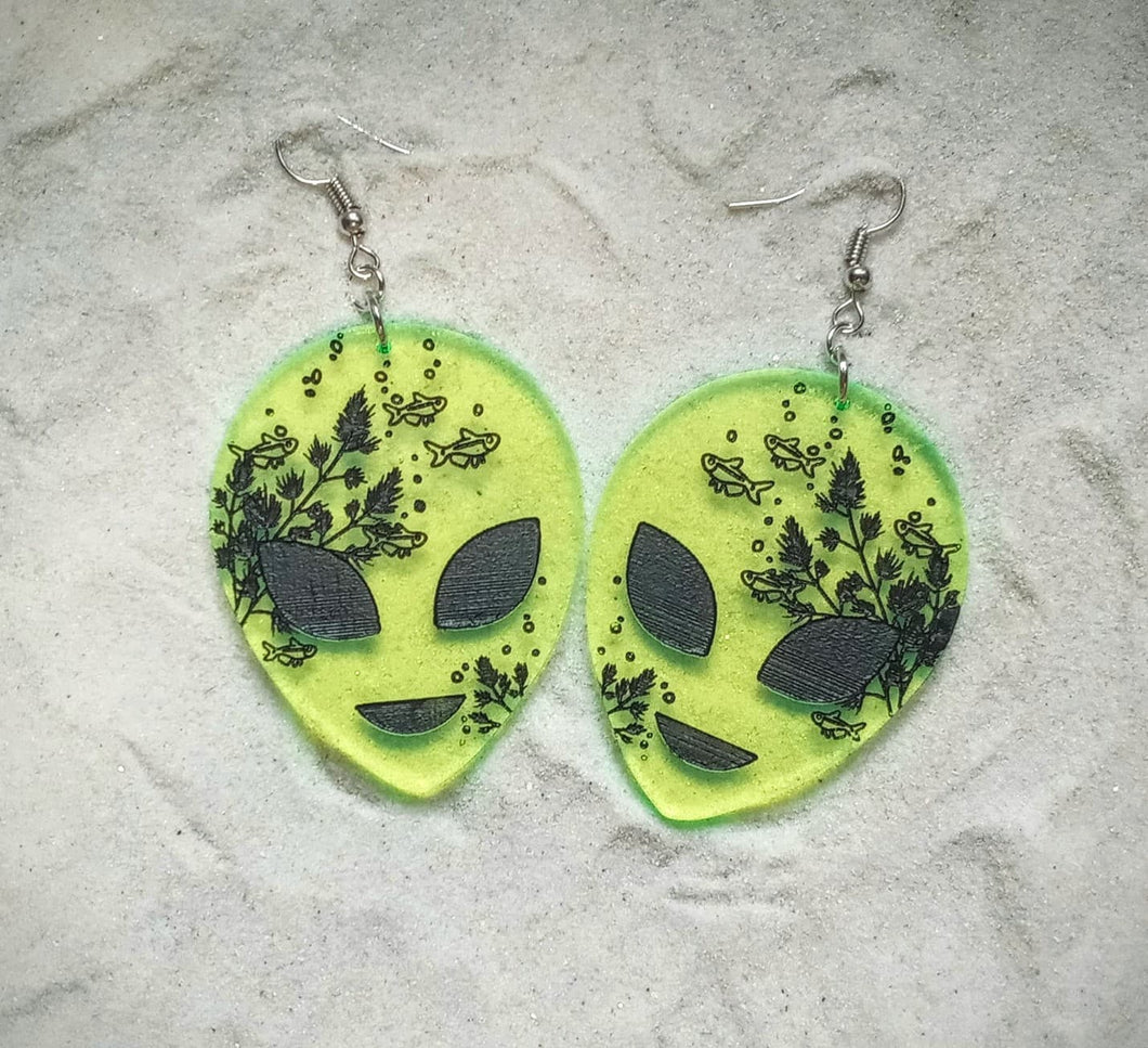 Earrings - Extra Tetra-restrial Alien Heads - Blacklight Reactive Variables with Black Paint