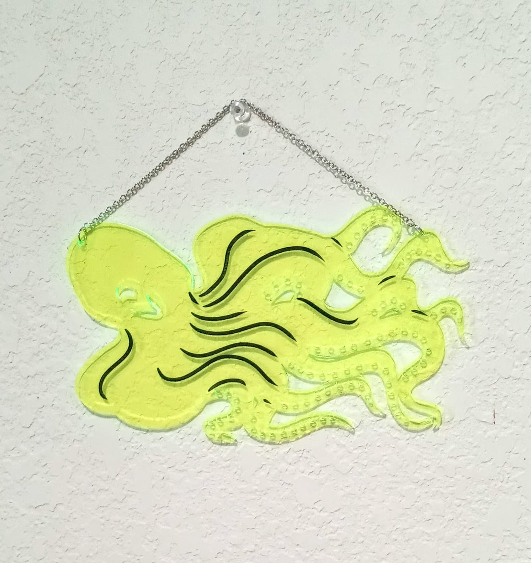 Earring Holder - Octopus - Blacklight Reactive Green Acrylic with Black Engraving