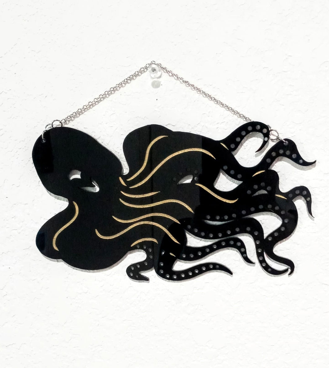 Earring Holder -  Octopus - Black Acrylic with Gold Engraving