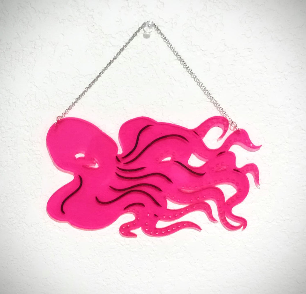 Earring Holder -  Octopus - Blacklight Reactive Pink Acrylic with Black Engraving