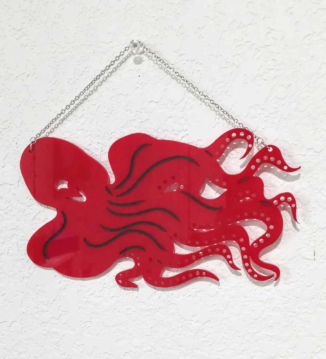 Earring Holder - Octopus - Translucent Red Acrylic with Black Engraving