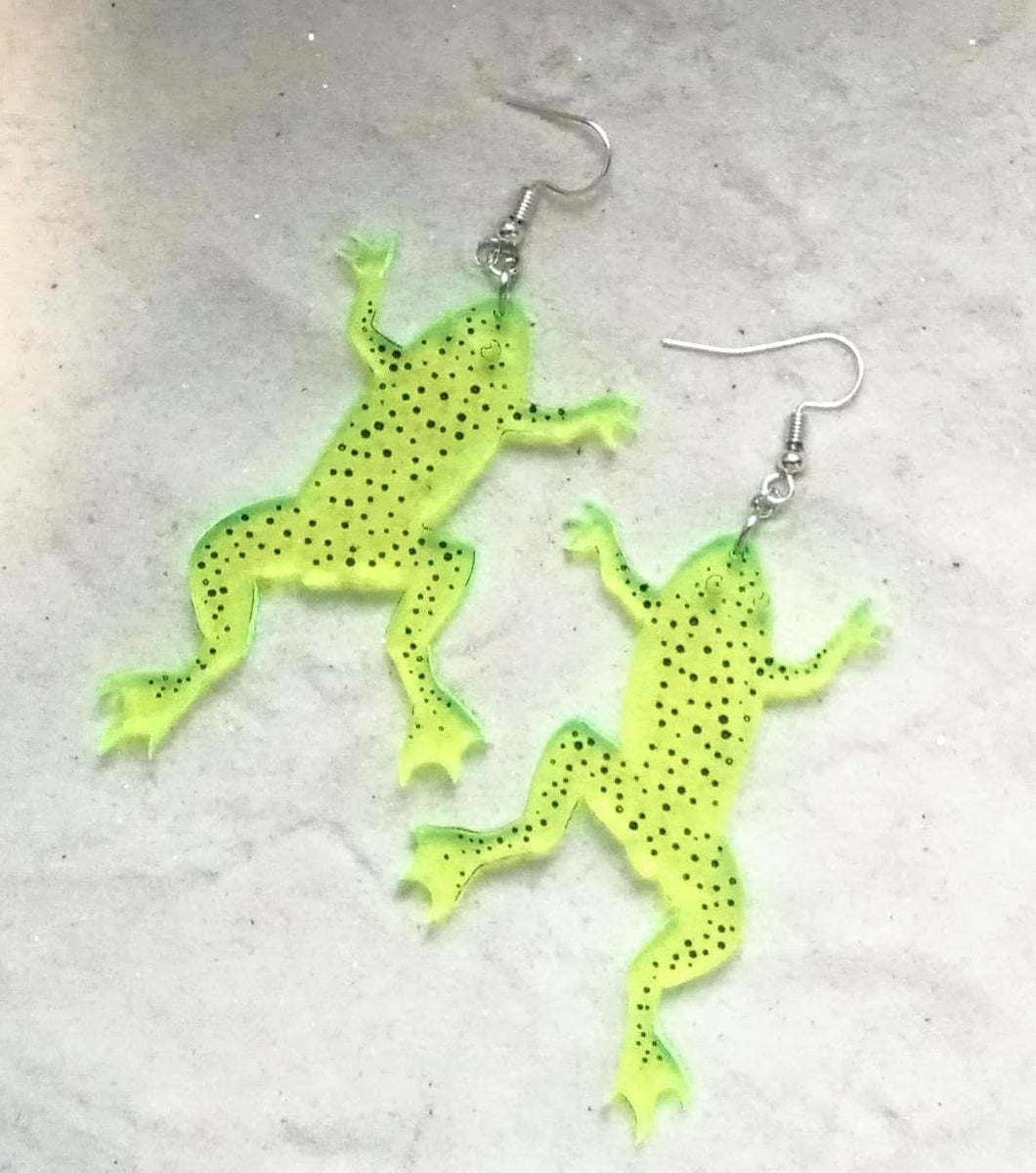 Earrings - African Dwarf Frog - Blacklight Reactive Variables with Painted Engraving