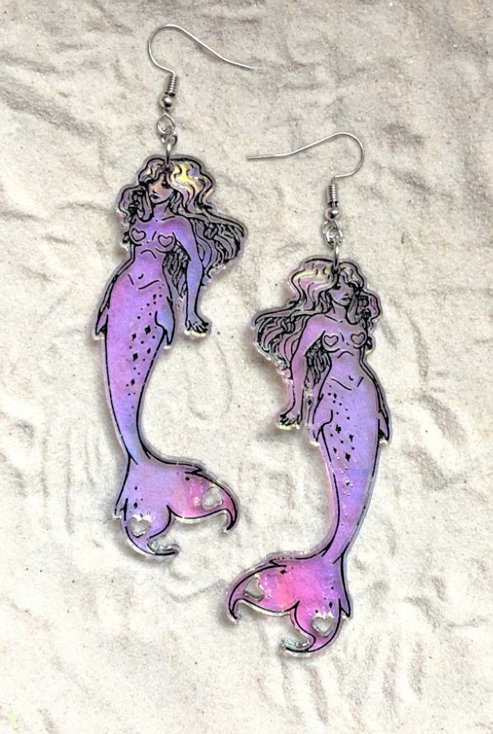 Earrings - Dazzled Heart Mermaid - Premium Acrylic Variables with Black Paint