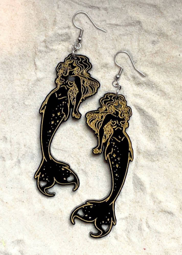 Earrings - Dazzled Heart Mermaid - Economy Acrylics with Gold Paint