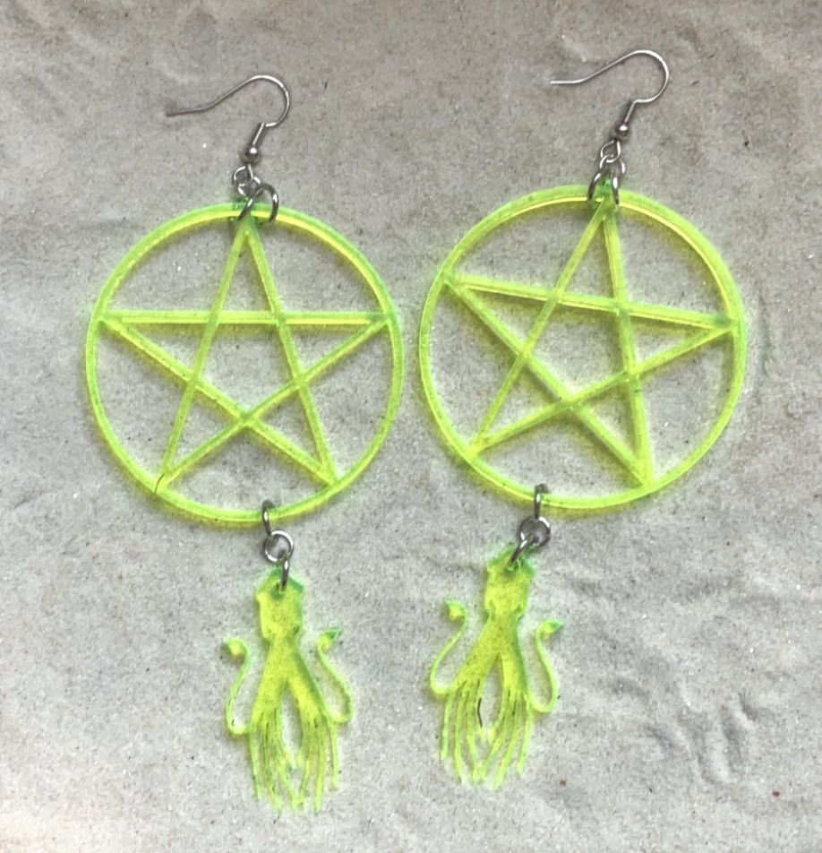 Earrings - Pentagram With Squid - Blacklight Reactive Acrylic Variables