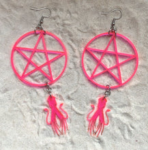 Load image into Gallery viewer, Earrings - Pentagram With Squid - Blacklight Reactive Acrylic Variables
