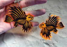 Load image into Gallery viewer, Earrings - Lionfish Skeleton - Blacklight Reactive Acrylic Variables with Black Paint
