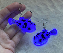 Load image into Gallery viewer, Earrings - Pea Puffer - Blacklight Reactive Acrylic Variables with Black Paint
