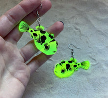 Load image into Gallery viewer, Earrings - Pea Puffer - Blacklight Reactive Acrylic Variables with Black Paint
