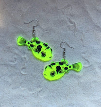 Load image into Gallery viewer, Earrings - Pea Puffer - Blacklight Reactive Acrylic Variables with Black Paint
