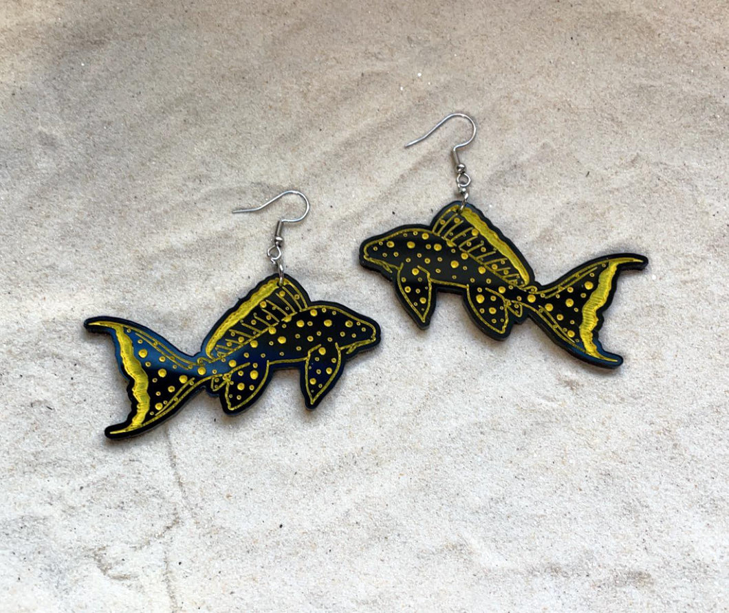 Earrings - Sunshine Pleco - Black Acrylic with Yellow Paint