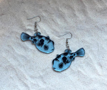 Load image into Gallery viewer, Earrings - Pea Puffer - Blacklight Reactive Acrylic Variables with Black Paint
