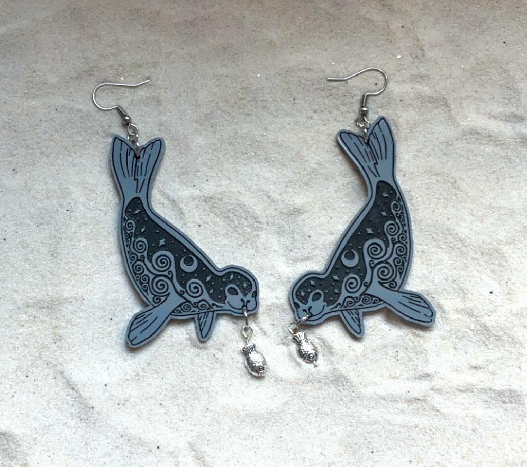 Earrings - Selkie Seal - Economy Acrylic Variables with Black Paint and Metal Fish Bead